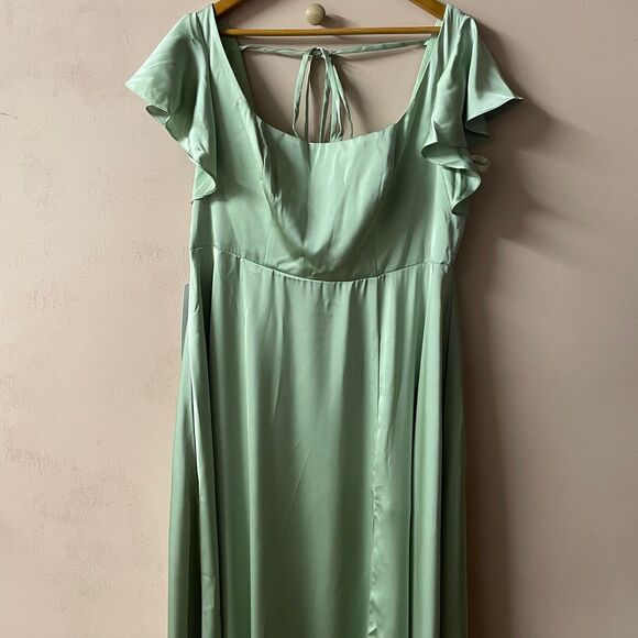 Azazie Dusty Sage A-Line Satin Maxi Dress NWT Size A16 - Picture 3 of 12